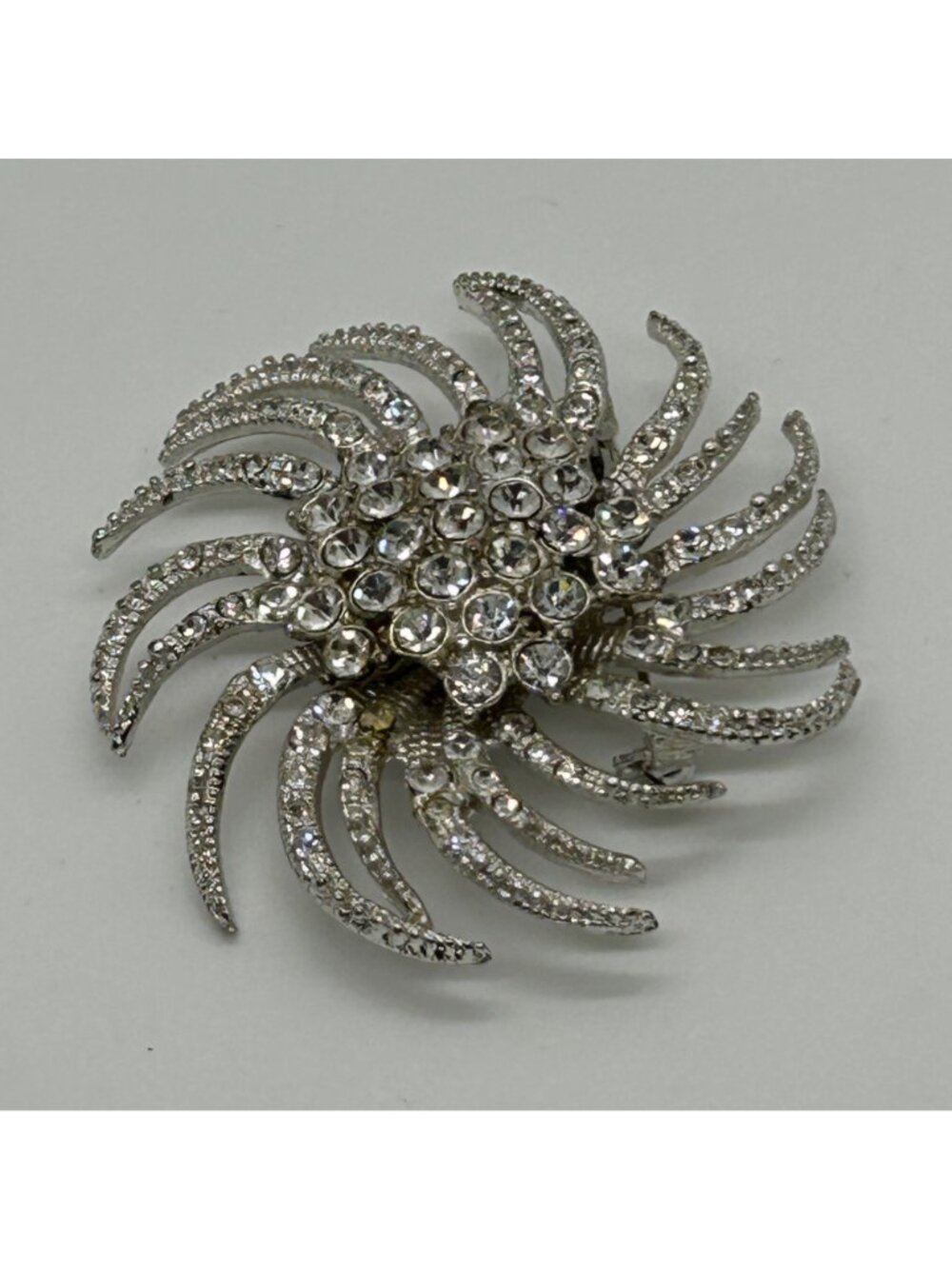 Vintage Silvertone Brooch Sunburst Starburst Swirl Rhinestone Retro Mid-Century - Picture 9 of 16